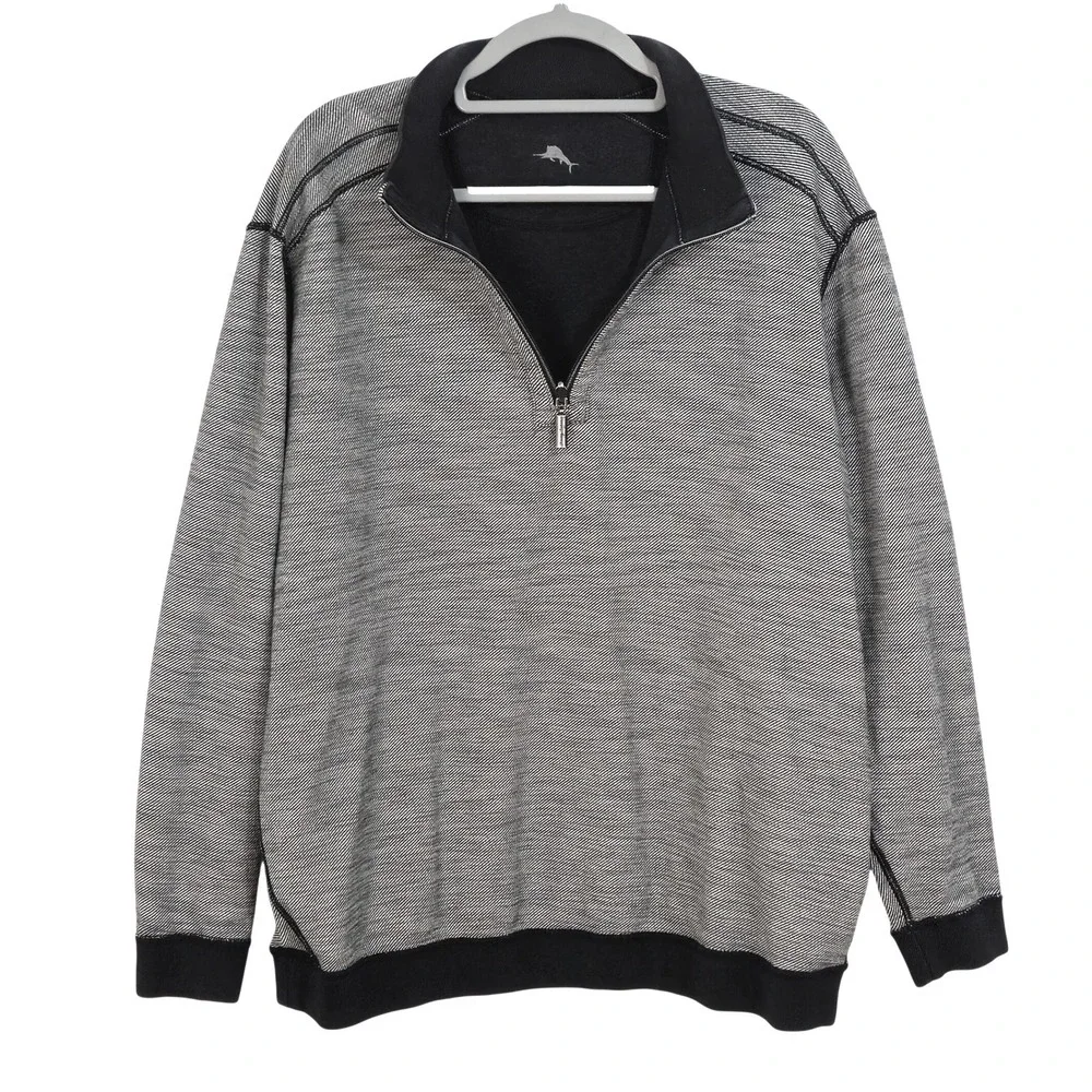 Tommy Bahama Mens Reversible Quarter Zip Pullover Charcoal‎ Gray Stripe XL
